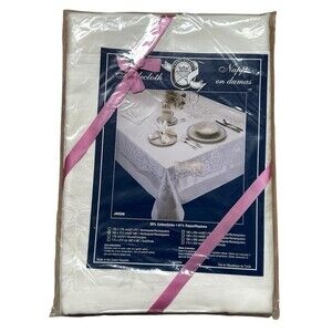 NOS NWT Vintage Home Studio Damask White Tablecloth - 62" by 84" Rectangular